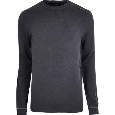 Dark grey slim fit mesh panel jumper